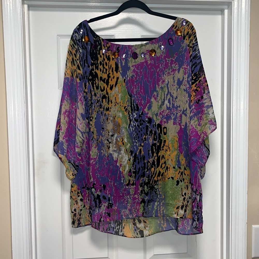 Multicolor Dana Kay 18W Blouse with Embellished Neck